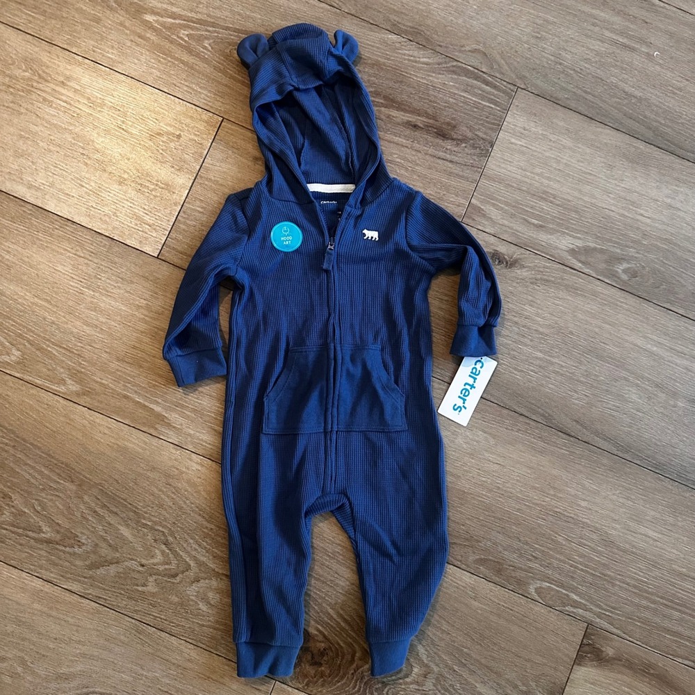 Carters Baby Boy Navy Blue Waffle Knit Hooded Jumpsuit Bear Ears 9M NWT